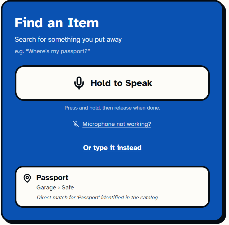 Find an Item screen showing the passport's location after a voice search