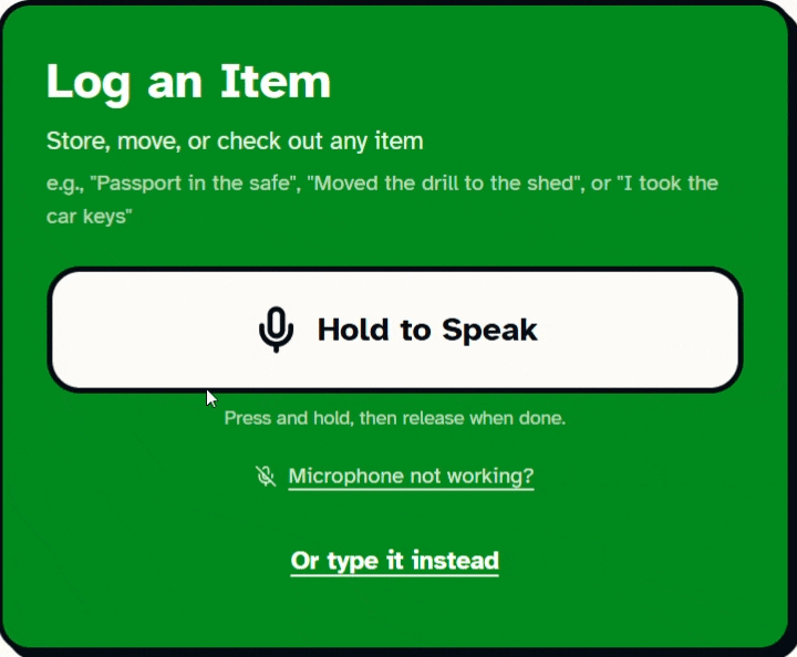 Animated demo of logging an item by voice with the Hold to Speak button